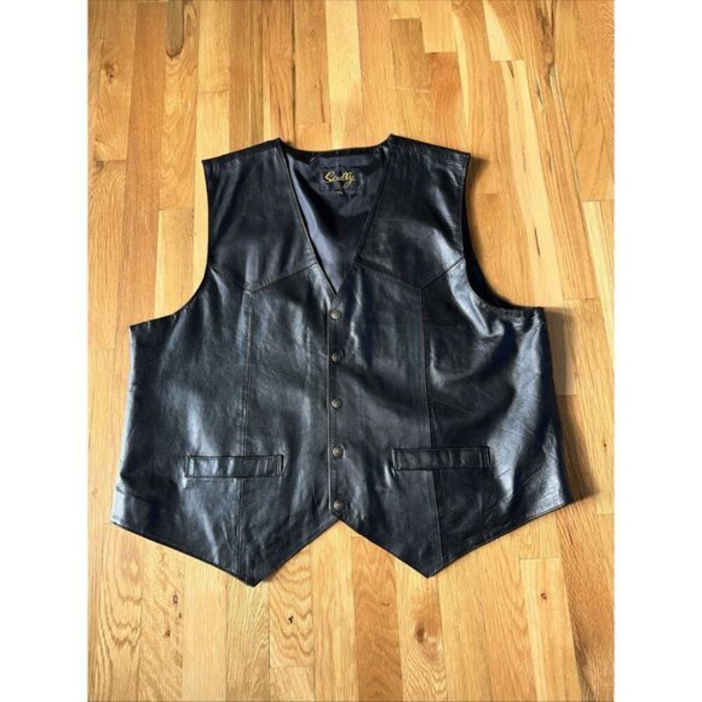 Vintage Scully 100% Black Soft Leather Buffalo Snap Vest Mens 2xL Cowboy Western